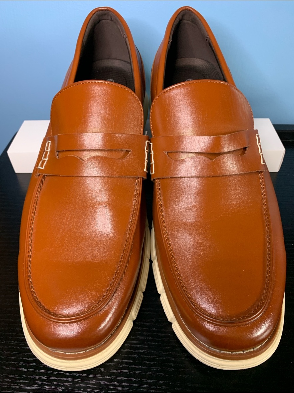 Bruno Marc Cognac Penny Loafers with Cream Sole